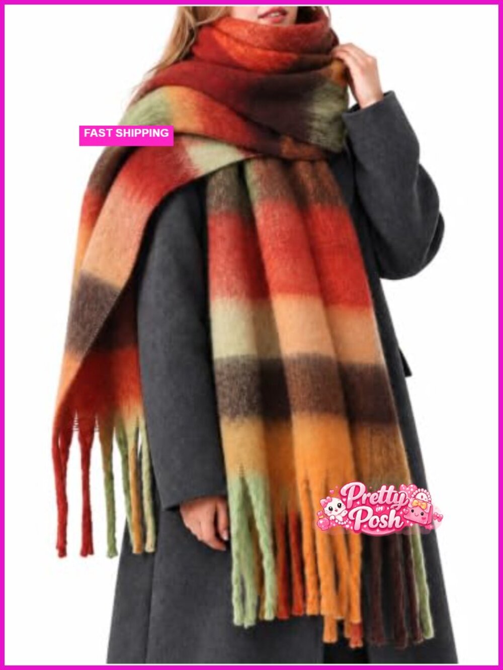 Oversized Chunky Plaid Winter Scarf Soft Acrylic Wool Blend Tassel Shawl